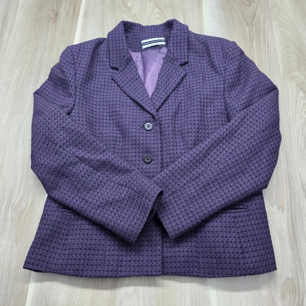 Amanda Smith Blazer Pure‎ Wool Purple Houndstooth Petite Jacket Coat Womens L/XL